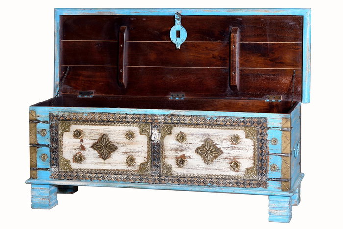 Giner y Colomer - Malle de rangement buffet en bois de manguier bleu vieilli avec poignées en bronze, dimensions 116x40x45 cm